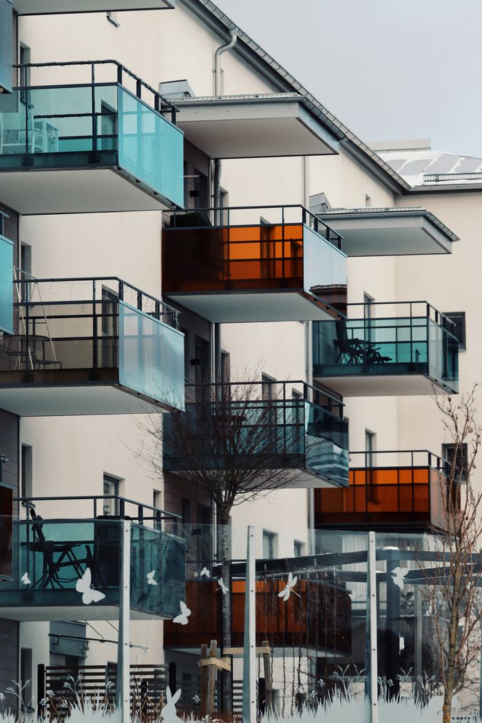 about-01 Contemporary apartment building with colorful balconies in Jönköping, Sweden. Perfect for urban architecture themes.